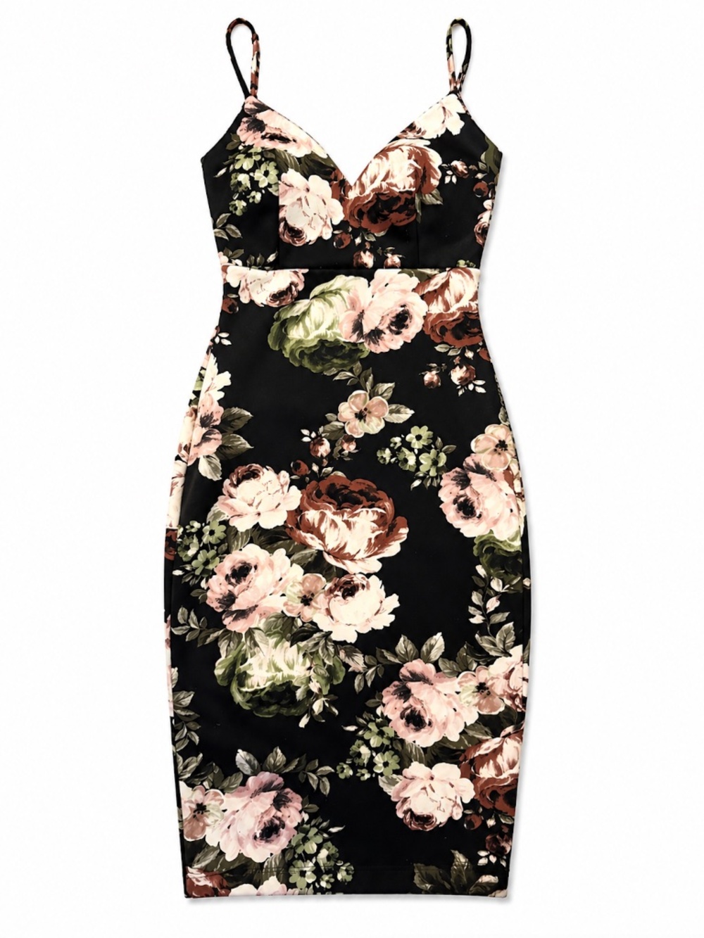 Windsor Black Floral Bodycon Midi Dress Built-In Bra XS
